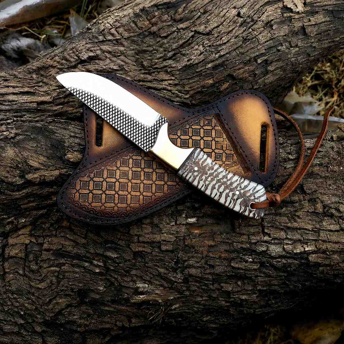 Rasp Steel Cowboy Knife – 8" Skinner with Pine Cone Handle & Crossdraw Sheath
