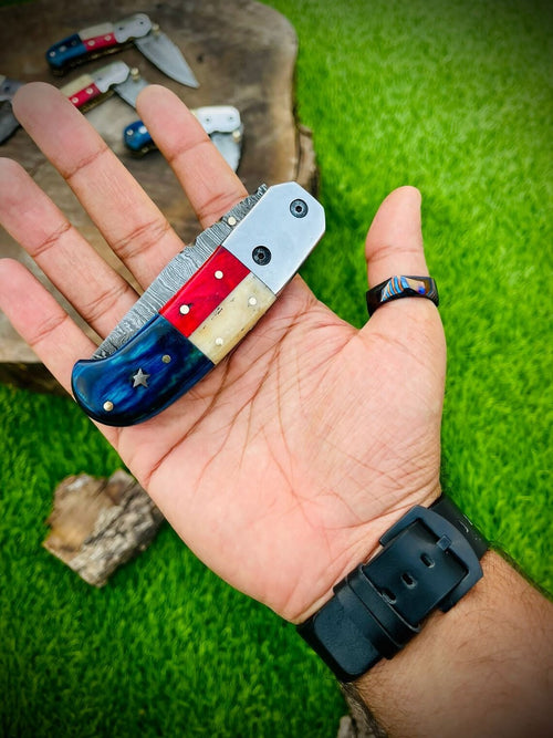 "Custom Handmade Texas Flag Damascus Steel Folding Pocket Knife | Exotic Wood-Bone Texas Flag Handle | 3.1 Inch Blade | Leather Sheath | KBS Knives Store"