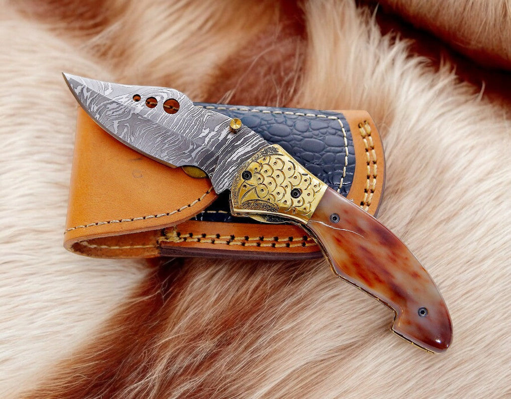 Custom Handmade Damascus Steel Pocket Knife - 3" Blade