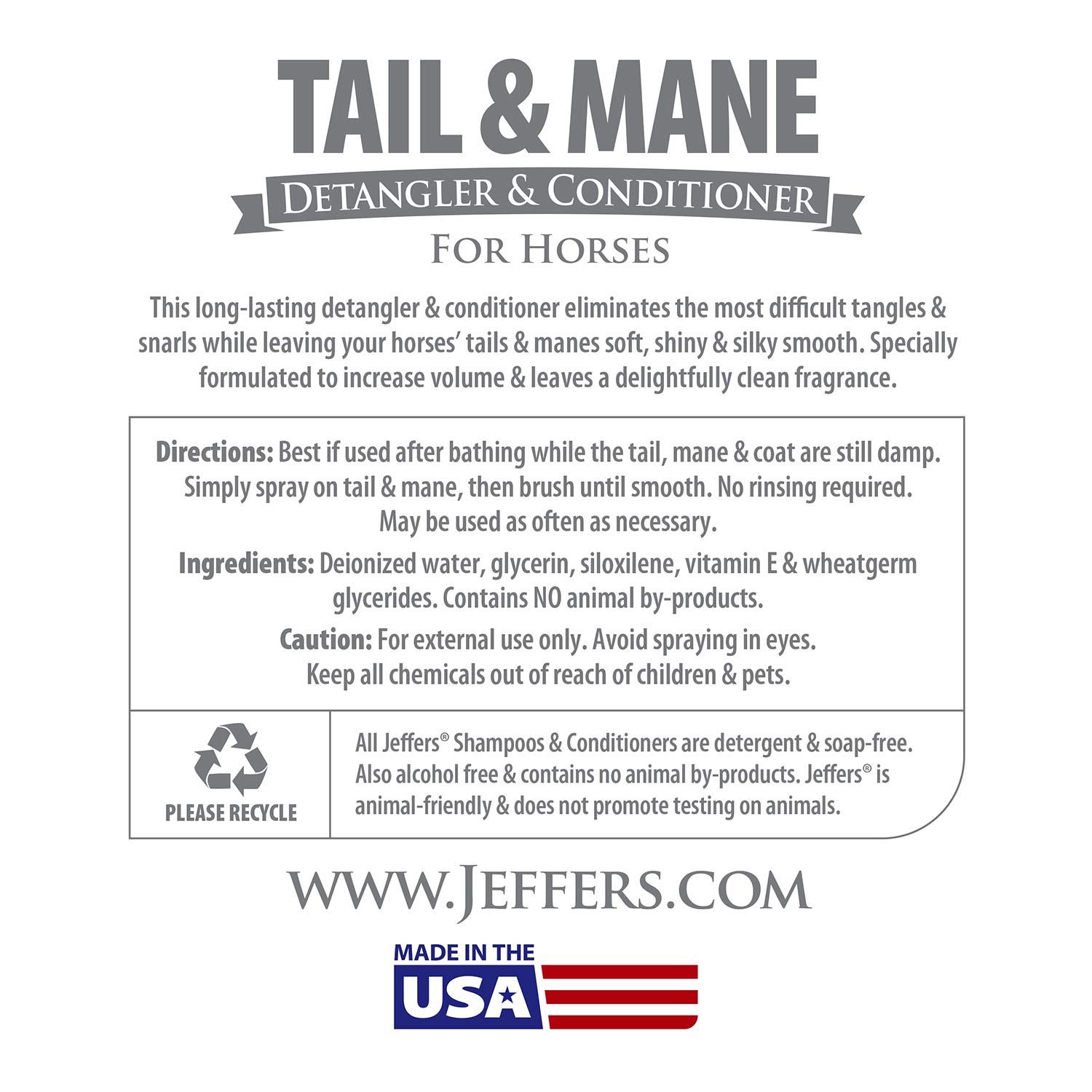 Jeffers Equine Tail & Mane Detangler and Conditioner Spray for Horses