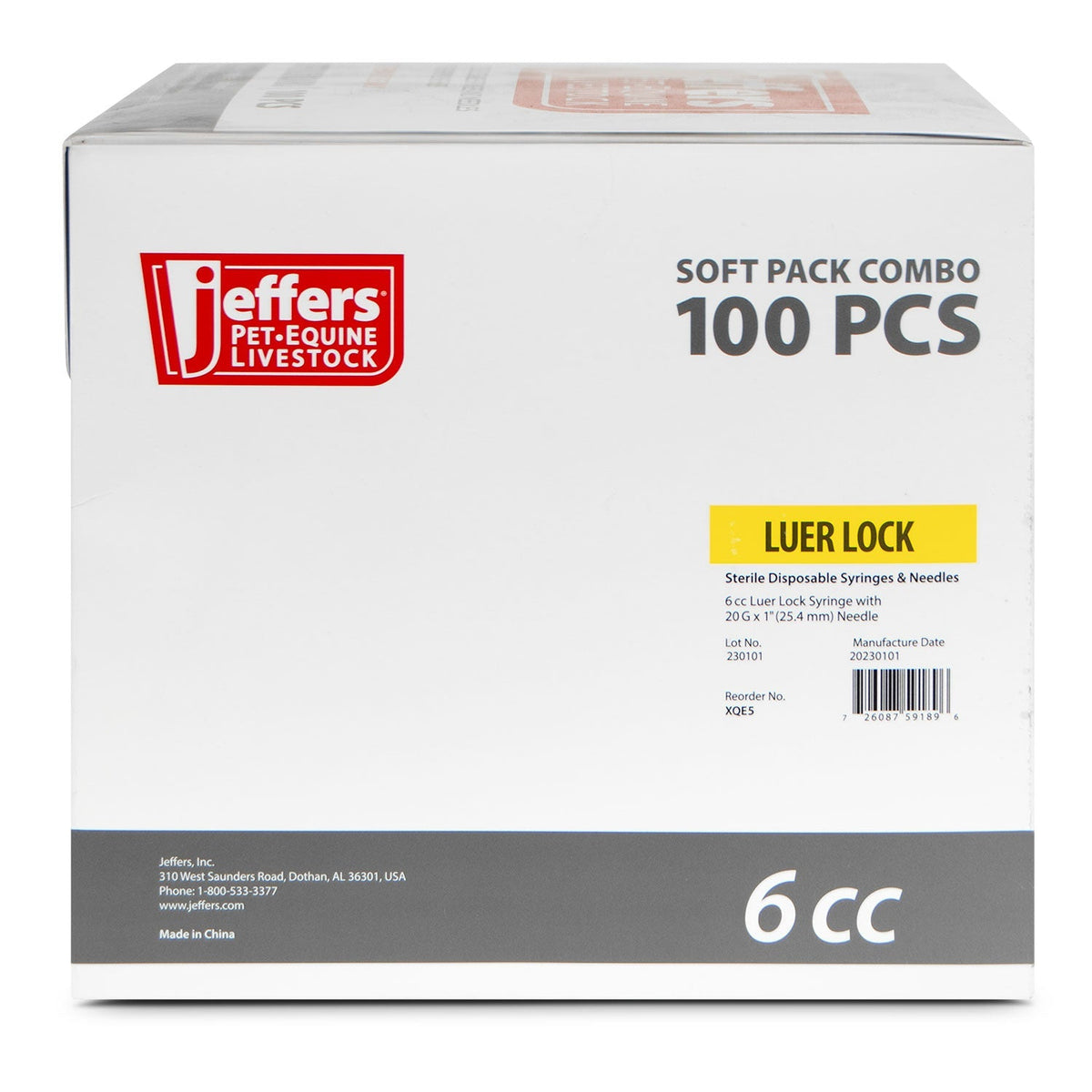 Jeffers Luer Lock (LL) Syringe/Needle Combo, Box of 100