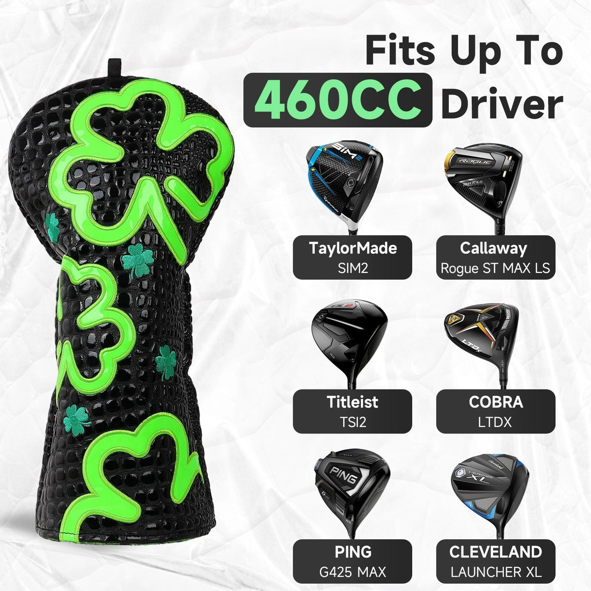 Lucky Shamrock Driver Headcover – Black & Neon Green