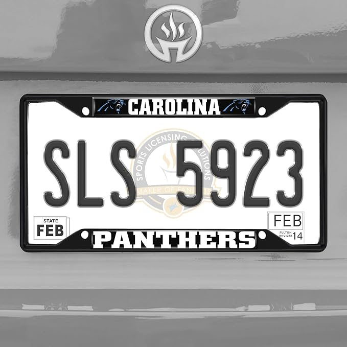 Carolina Panthers Black Metal License Plate Frame Tag Cover, 6x12 Inch, Pre-Drilled Holes, Officially Licensed
