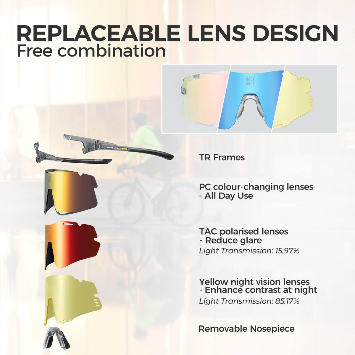 ROAD TO SKY BOUNDLESS Photochromic Cycling Glasses 3 Lens Set