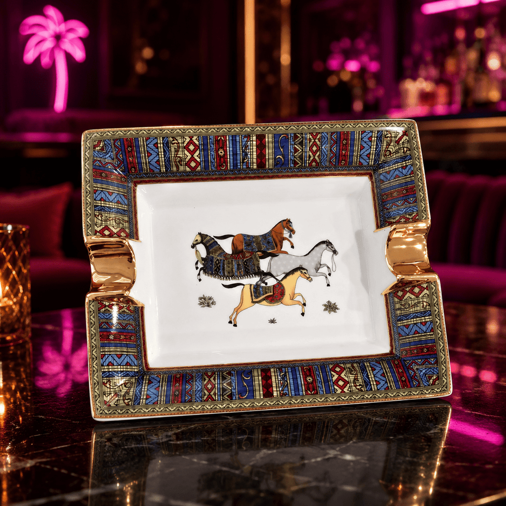 Royal Stable Ceramic Horse Ashtray Collection with Gold Accents