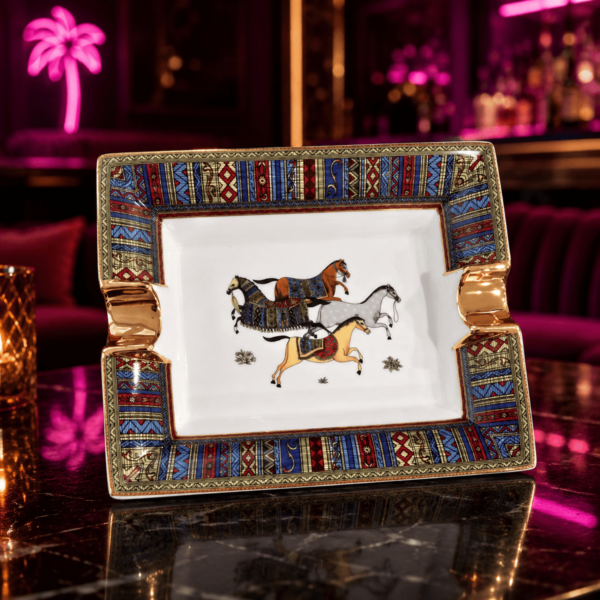 Royal Stable Ceramic Horse Ashtray Collection with Gold Accents