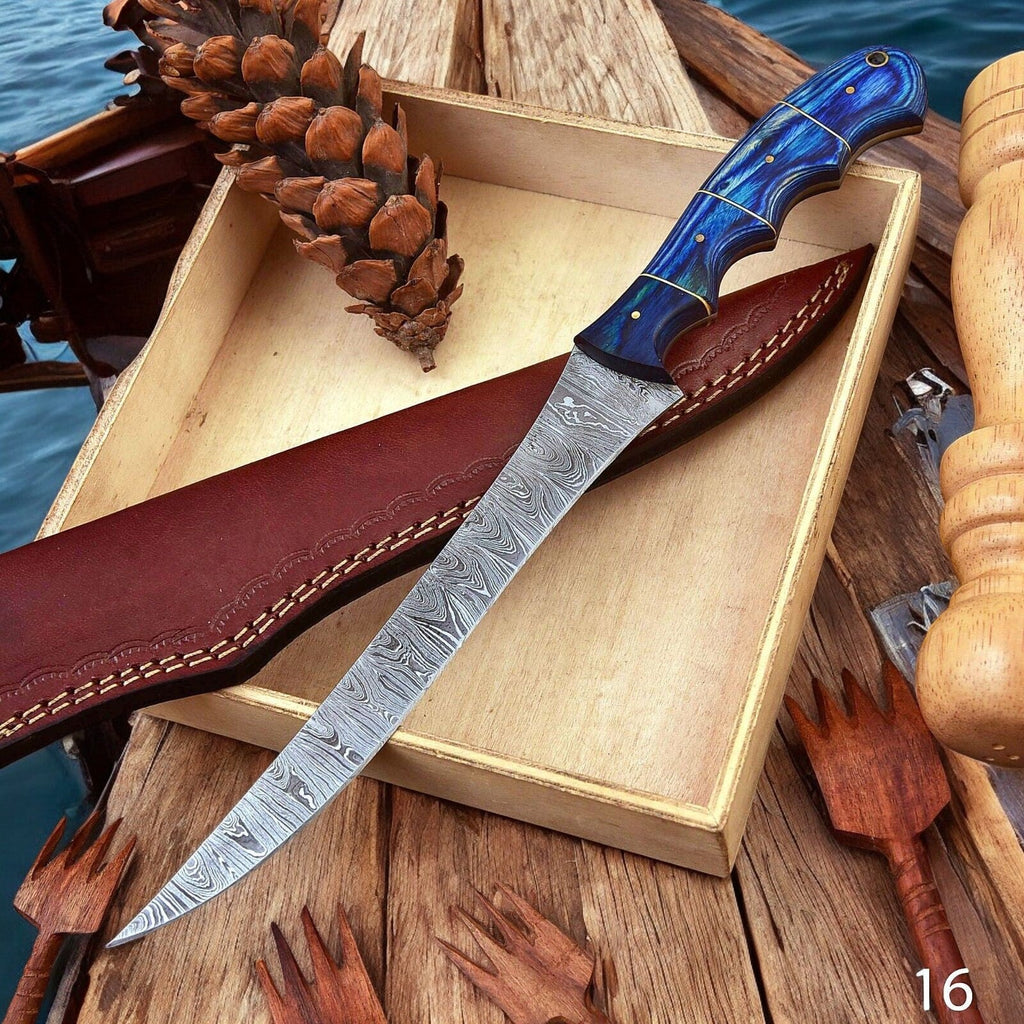 Custom Handmade Damascus Fillet Knife – 12" Exotic Wood Handle