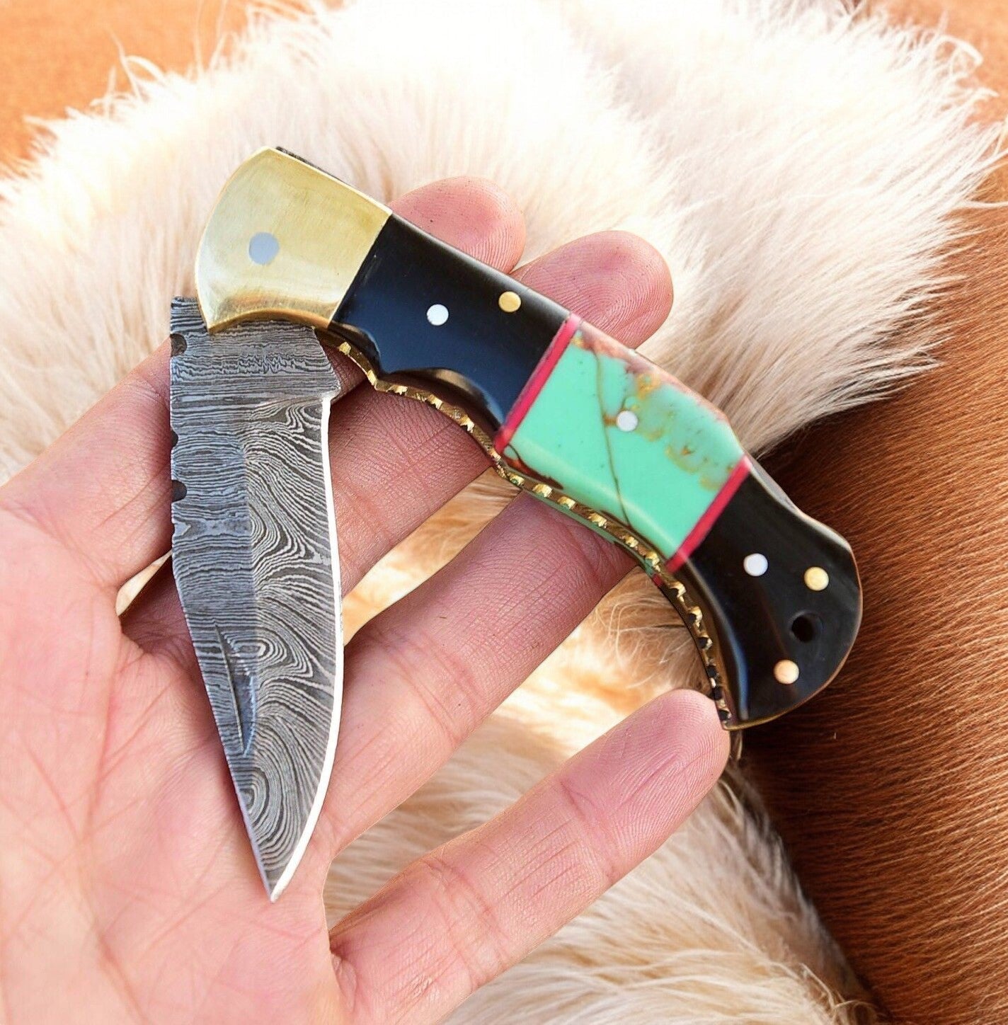 Custom Handmade Damascus Steel Pocket Knife with Brass Bolster