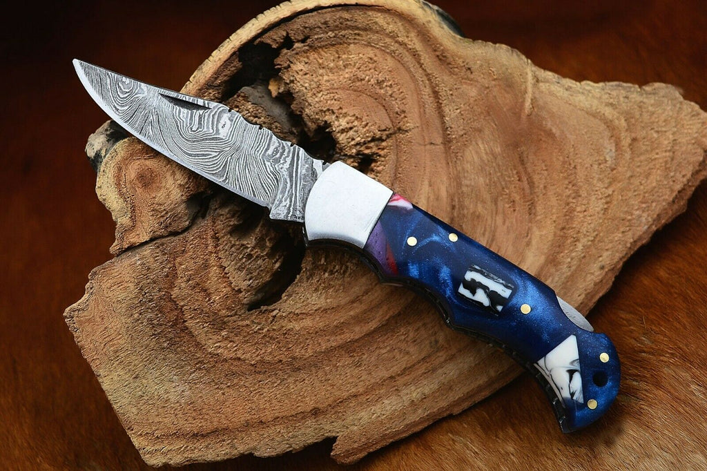 Damascus Handmade Custom Folding Pocket Knife with Epoxy Resin and Steel Bolster Handle, 3-inch Blade Length