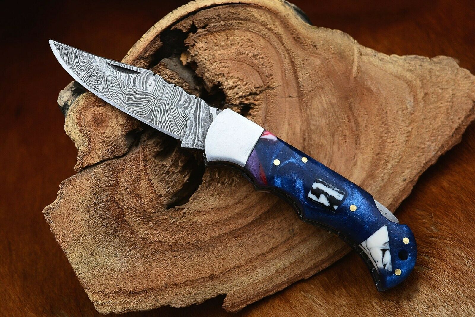 Damascus Handmade Custom Folding Pocket Knife with Epoxy Resin and Steel Bolster Handle, 3-inch Blade Length