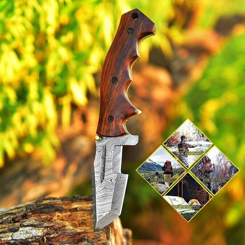 EDC Tracker Folding Pocket Knife - Damascus Blade & Rosewood Handle