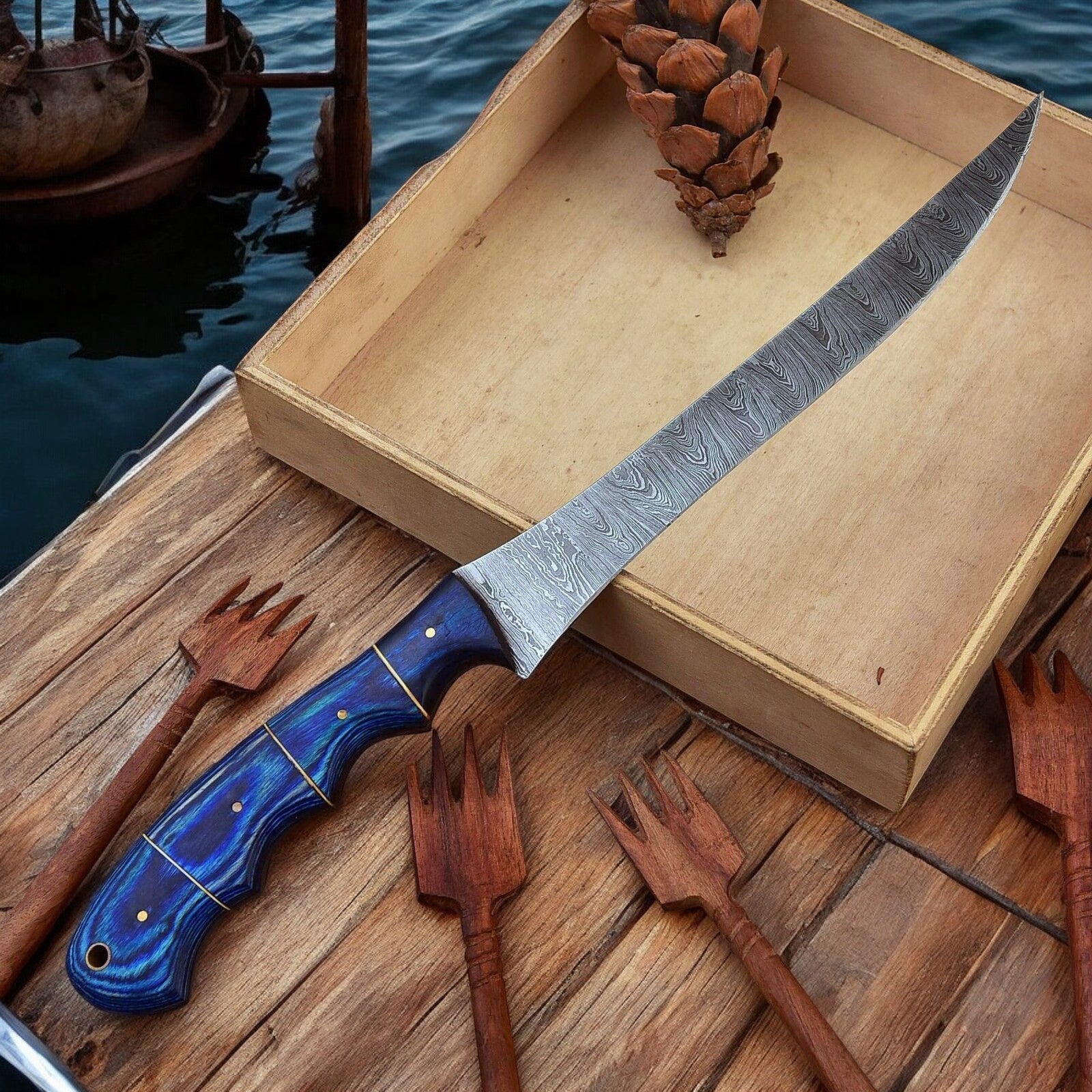 Custom Handmade Damascus Fillet Knife – 12" Exotic Wood Handle