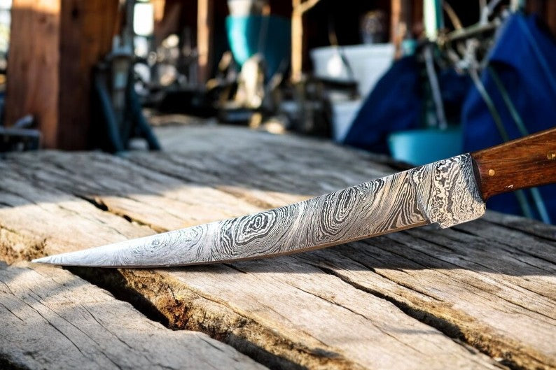 Custom Handmade Damascus Fillet Knife | 13" with Bone & Wood Handle