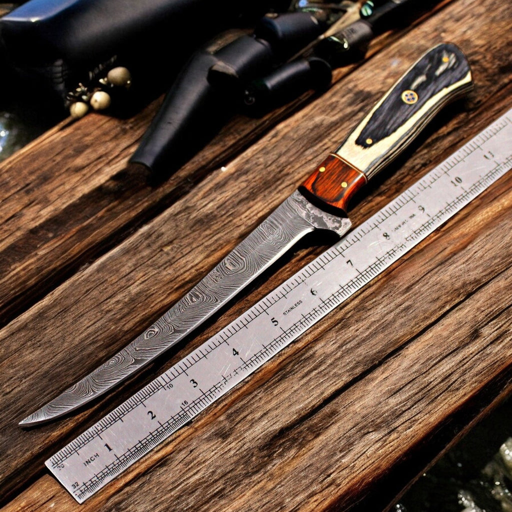 Handmade Damascus Fillet Knife with Antler Horn Handle