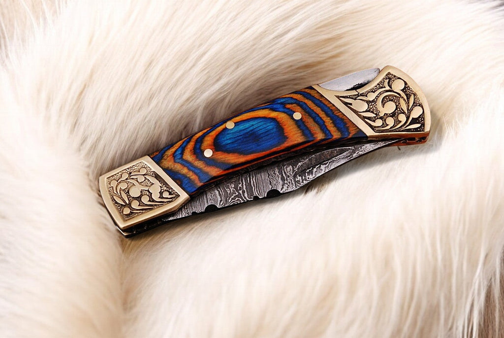 Handmade Damascus Folding Knife – Exotic Wood Handle
