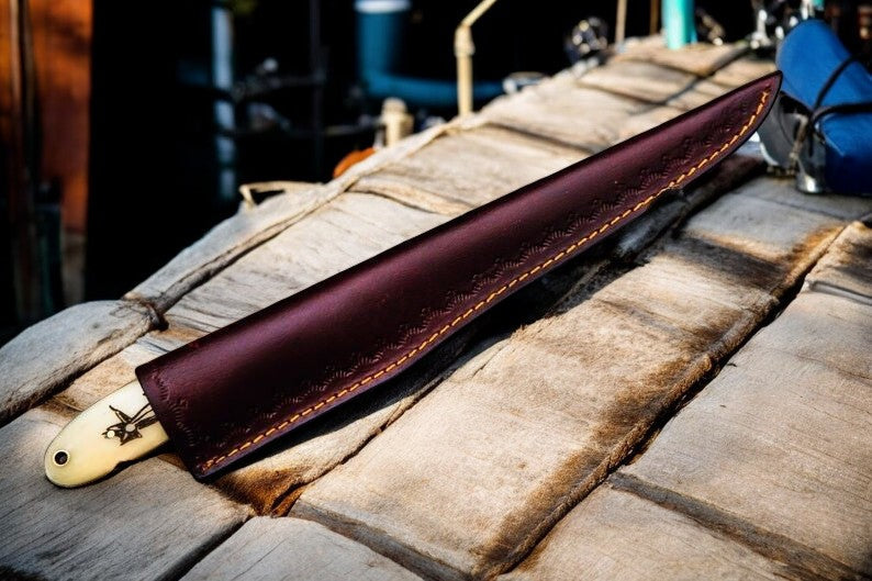 Custom Handmade Damascus Fillet Knife | 13" with Bone & Wood Handle