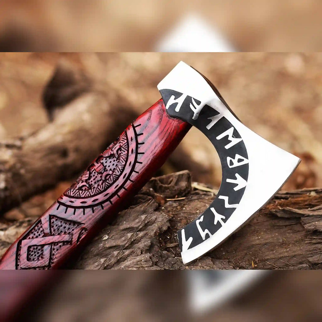 Runic Viking Axe – Hand-Forged 1075 Steel Bearded Axe with Long Ash Handle